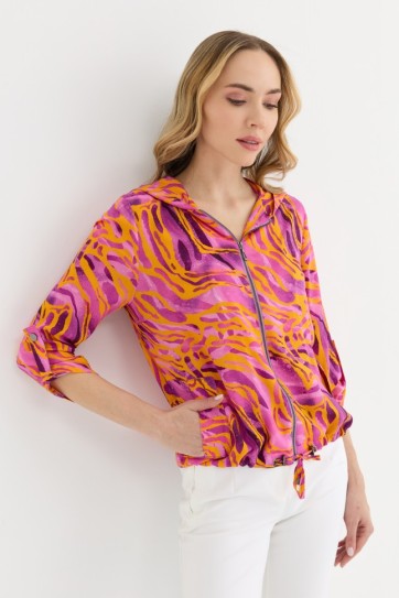 Kendinden Kapüşonlu Önü Fermuarlı Emprime Bluz