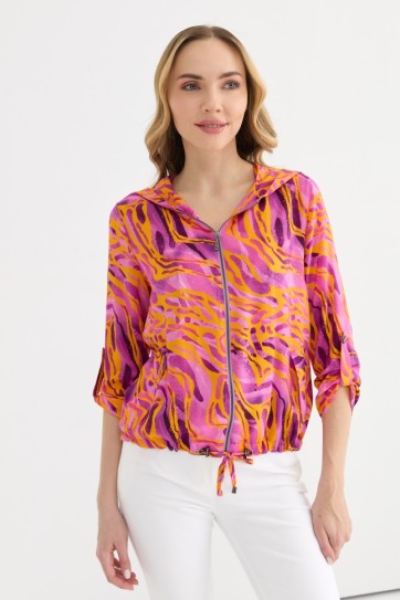 Kendinden Kapüşonlu Önü Fermuarlı Emprime Bluz