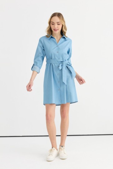 Şömizye Yaka Kolu Kıvırmalı Beli Kemerli Elbise