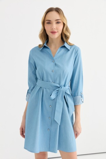 Şömizye Yaka Kolu Kıvırmalı Beli Kemerli Elbise