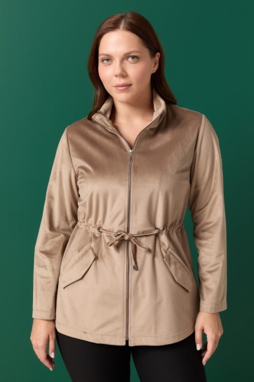 Büyük Beden Dik Yaka Beli Büzgülü Kadife Ceket