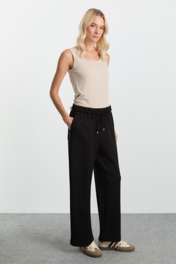 Beli Lastikli İnce Kemerli Bol Paça Örme Pantolon