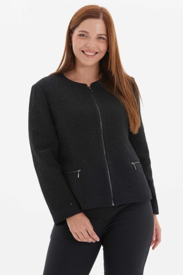 Büyük Beden Önü ve Cebi Fermuarlı Simli Ceket