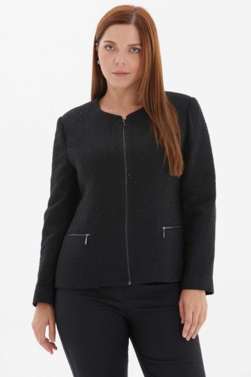 Büyük Beden Önü ve Cebi Fermuarlı Simli Ceket