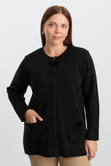 Büyük Beden Sıfır Yaka Küçük Ponponlu Hırka