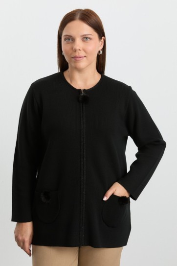 Büyük Beden Sıfır Yaka Küçük Ponponlu Hırka