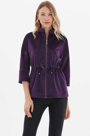 Hakim Yaka Beli Büzgülü Uzun Kadife Ceket