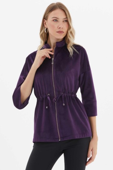 Hakim Yaka Beli Büzgülü Uzun Kadife Ceket