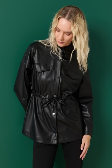 Beli Büzgülü Çıtçıtlı Deri Ceket