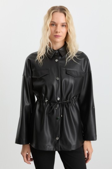 Beli Büzgülü Çıtçıtlı Deri Ceket