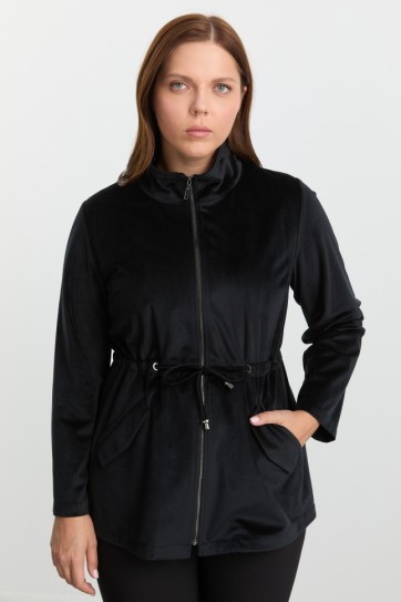 Büyük Beden Dik Yaka Beli Büzgülü Kadife Ceket