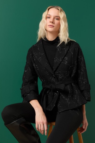 Şal Yaka Sim Desenli Bağlamalı Ceket