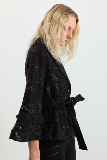 Şal Yaka Sim Desenli Bağlamalı Ceket