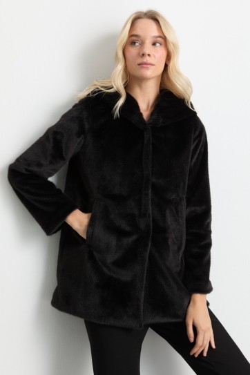 Kendinden Kapüşonlu Çıtçıtlı Kürk Kaban