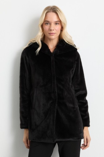 Kendinden Kapüşonlu Çıtçıtlı Kürk Kaban