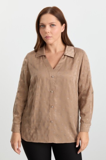 Büyük Beden V Yaka Kendinden Simli Bluz