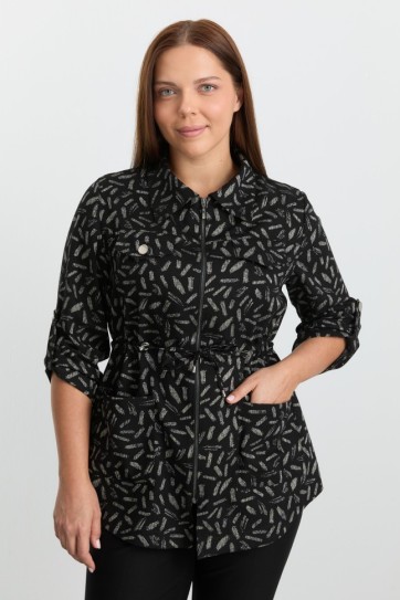 Büyük Beden Beli Büzgülü Kapak Cep Çizgi Desen Bluz