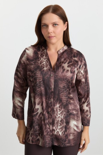 Büyük Beden Önü Düğmeli Eteği Parçalı Leopar Bluz