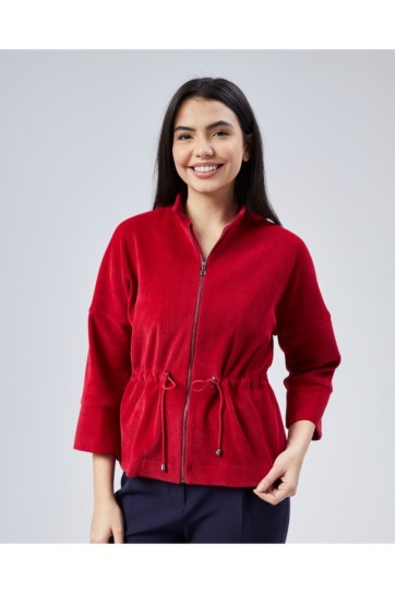 Dik Yaka Beli Büzgülü Kadife Ceket