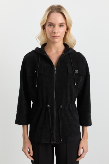 Kendinden Kapüşonlu Kapak Cep Kadife Ceket