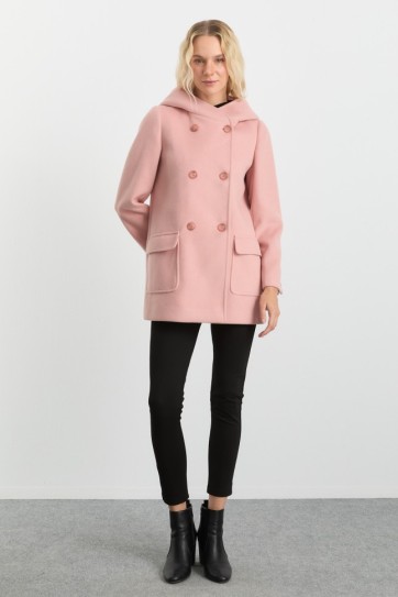 Kendinden Kapüşonlu Kruvaze Dıştan Cep Kaban