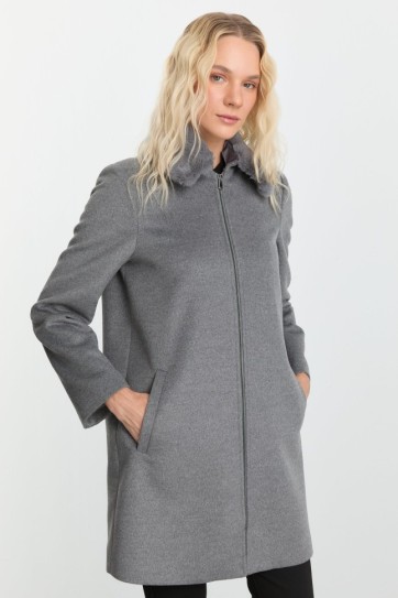 Önü Fermuarlı Yakası Kürklü Kaban