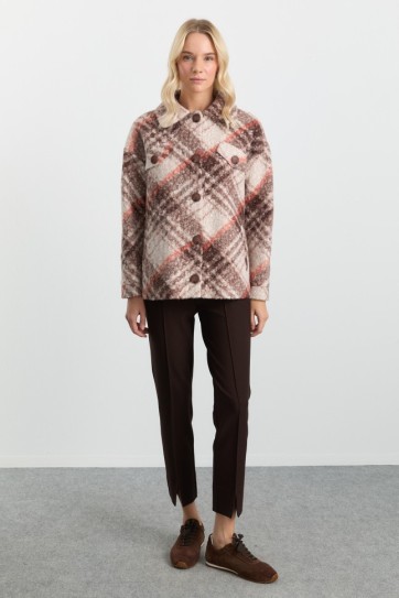 Önü Düğmeli Düşük Kol Ekose Kaban