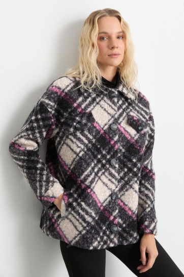 Önü Düğmeli Düşük Kol Ekose Kaban