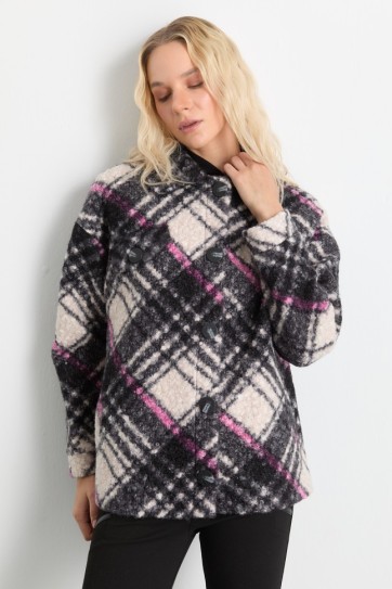 Önü Düğmeli Düşük Kol Ekose Kaban