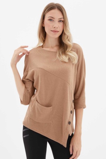 Yanı Düğmeli Cepli Triko Bluz