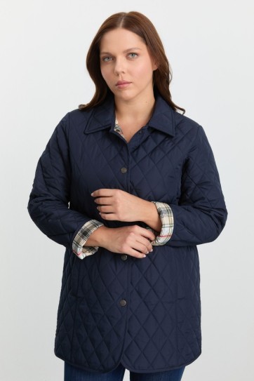 Büyük Beden Klasik İçi Ekose Kapitone Uzun Mont