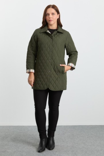 Büyük Beden Klasik İçi Ekose Kapitone Uzun Mont