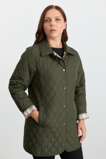 Büyük Beden Klasik İçi Ekose Kapitone Uzun Mont