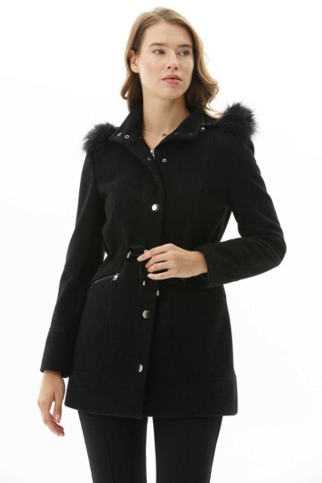 Önü Fermuarlı Beli Büzgülü Kapüşonlu Kaban