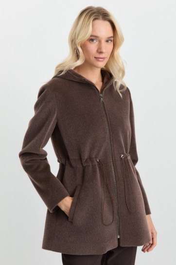 Kendinden Kapüşonlu Beli Lastik Büzgülü Kaban