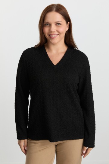 Büyük Beden V Yaka Uzun Kol Armürlüı Bluz