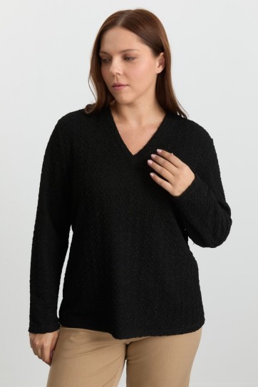 Büyük Beden V Yaka Uzun Kol Armürlüı Bluz