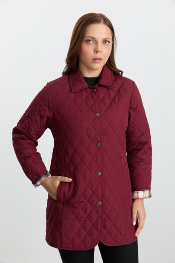 Büyük Beden Klasik İçi Ekose Kapitone Uzun Mont