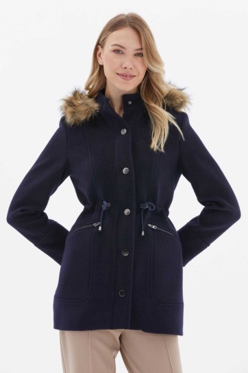 Önü Fermuarlı Beli Büzgülü Kapüşonlu Kaban