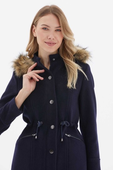 Önü Fermuarlı Beli Büzgülü Kapüşonlu Kaban