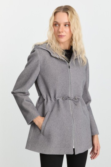 Kendinden Kapüşonlu Beli Lastik Büzgülü Kaban