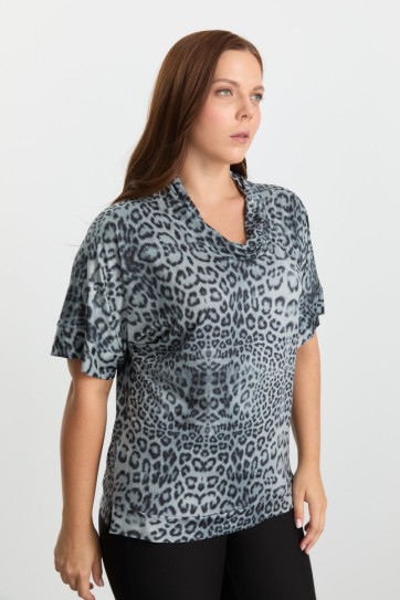 Büyük Beden Degaje Yaka Leopar Desen Bluz