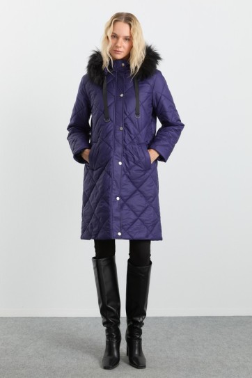 Yakası Kürklü Grogrenli Parlak Uzun Mont