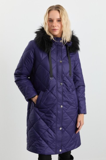 Yakası Kürklü Grogrenli Parlak Uzun Mont