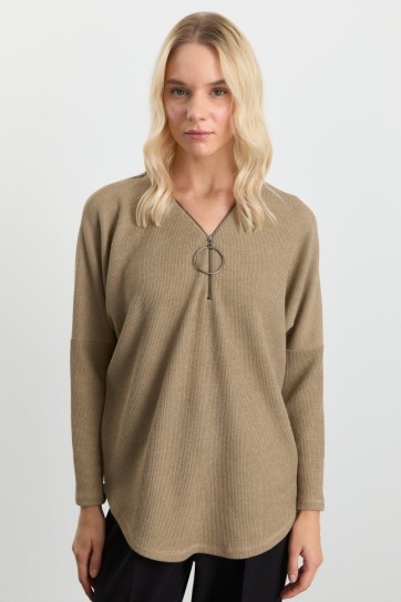 Önü Fermuarlı Büyük Elcikli Triko Bluz