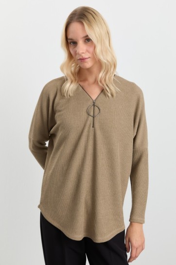 Önü Fermuarlı Büyük Elcikli Triko Bluz