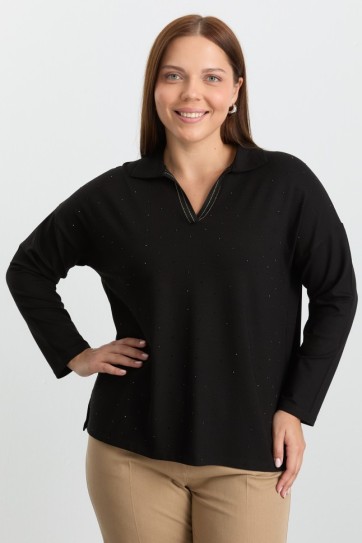 Büyük Beden Şömizye Yaka Önü Taşlı Triko Bluz