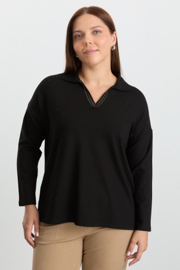 Büyük Beden Şömizye Yaka Önü Taşlı Triko Bluz