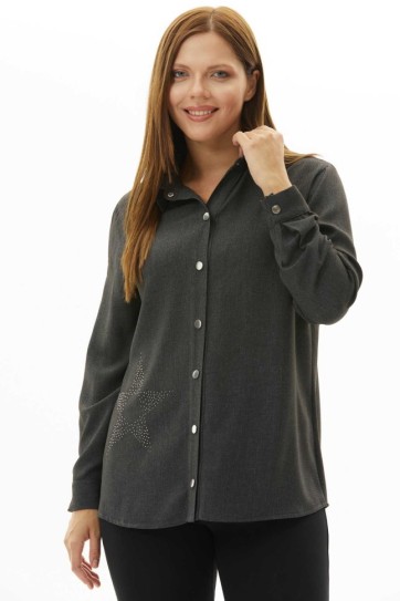 Büyük Beden Yıldız Taşlı Göğüs Cepli Bluz