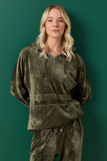 Yakası Fermuarlı Kapüşonlu Kadife Bluz